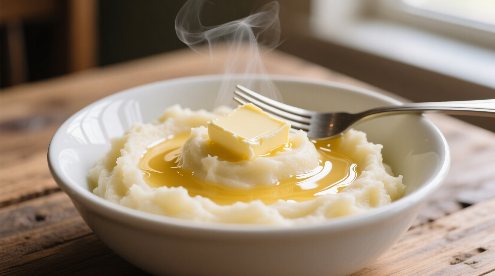 Creamy mashed potatoes in white bowl with butter melting