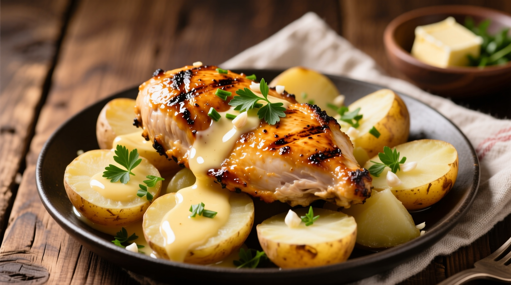 garlic butter chicken and creamy potatoes