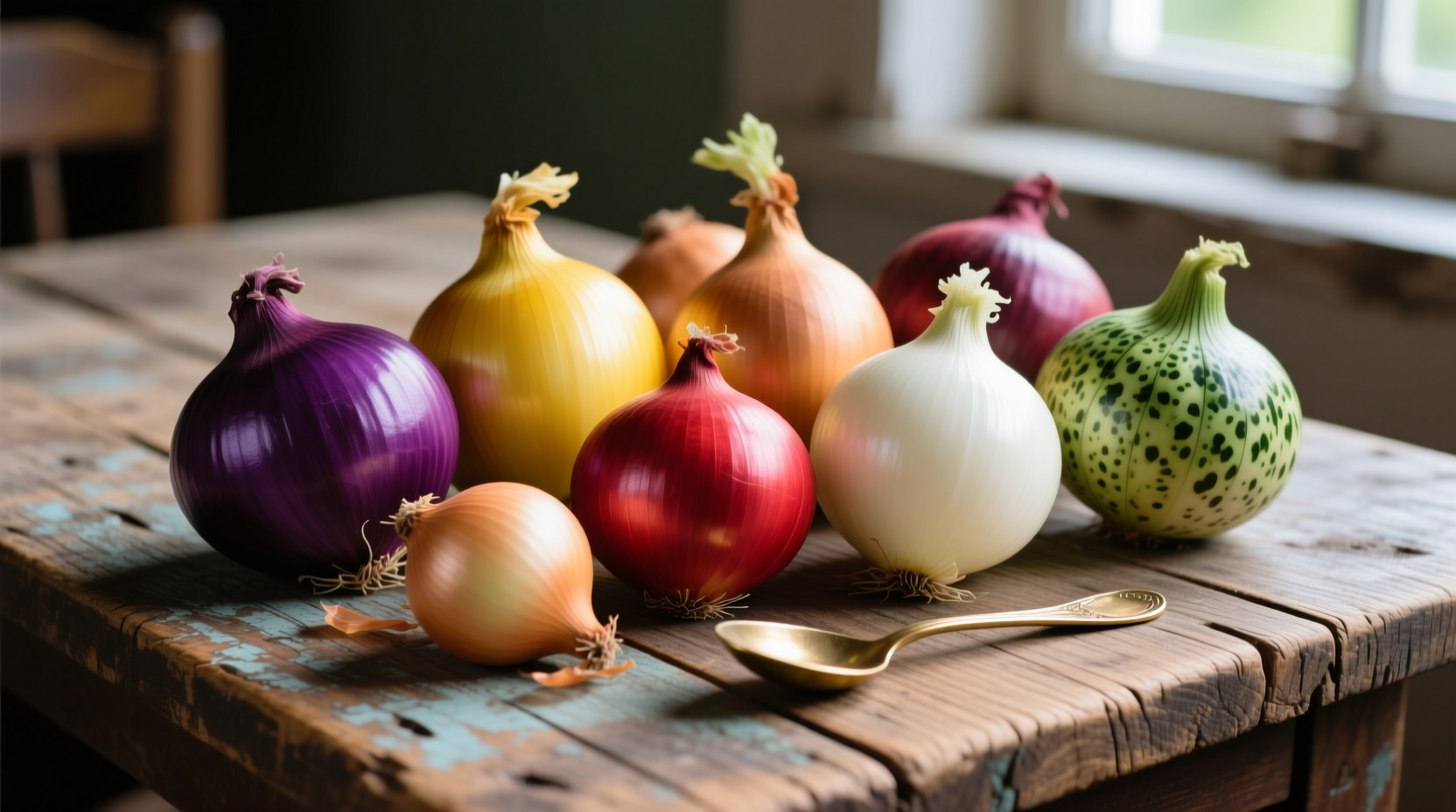 Colorful assortment of onion varieties on wooden table