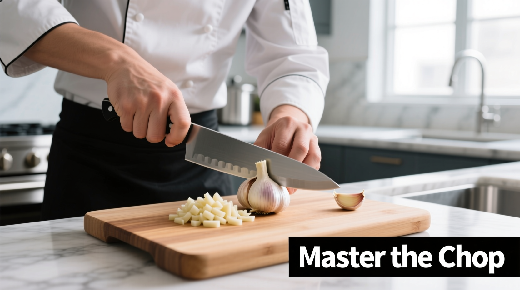 Professional chef demonstrating proper garlic chopping technique with chef's knife