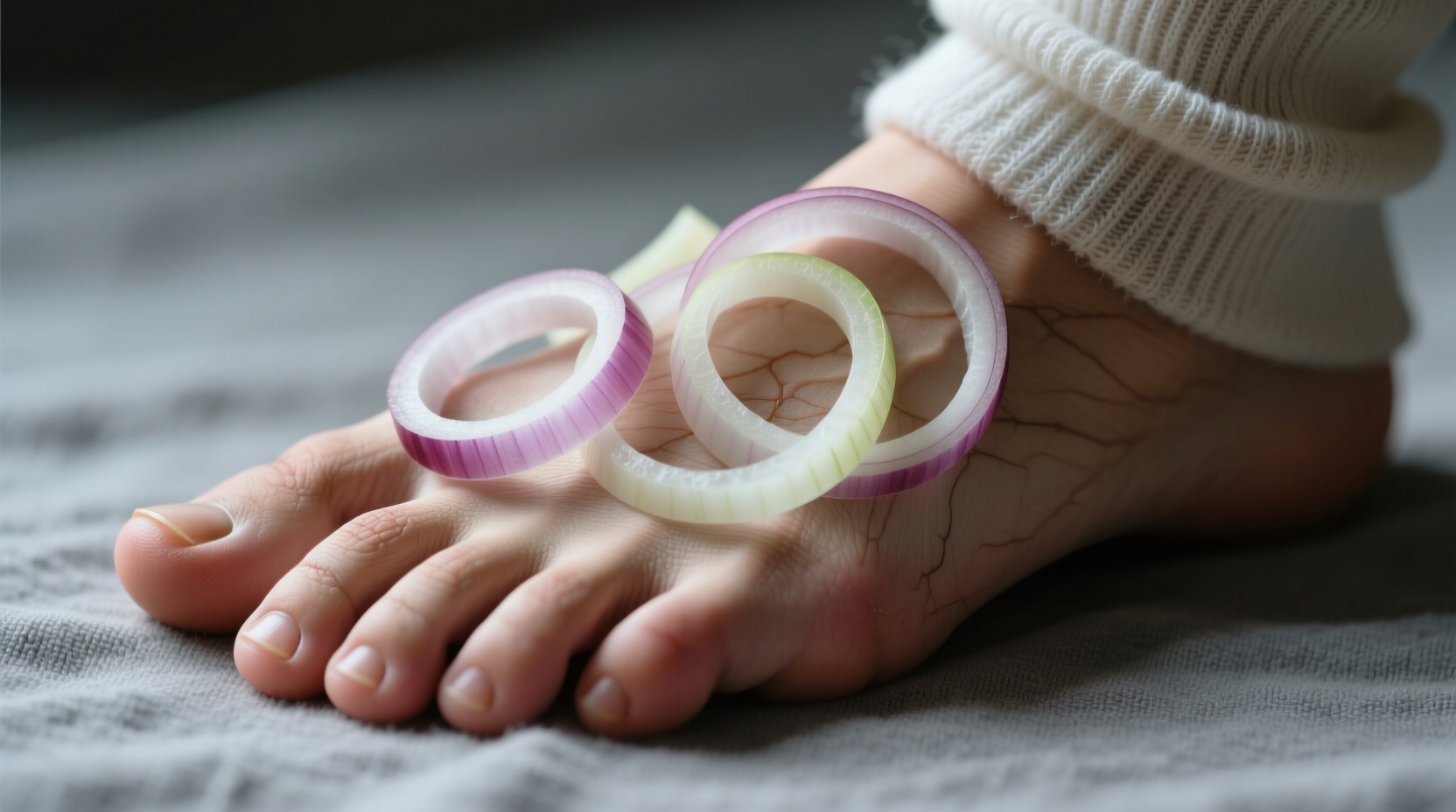 Raw onion slices placed on foot sole with cotton sock