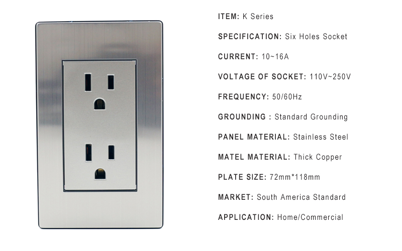 High Quality OEM 6 Pin South American Standard Wall Socket Stainless Steel Panel Duplex Receptacle Outlet