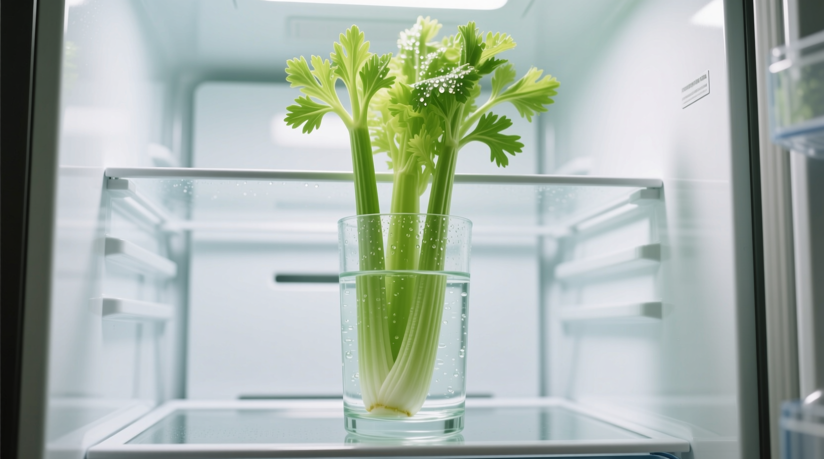 Fresh celery stored in water container in refrigerator