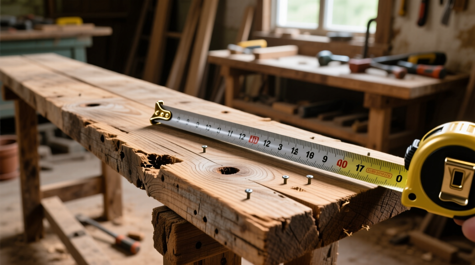 Measuring reclaimed wood for potting bench