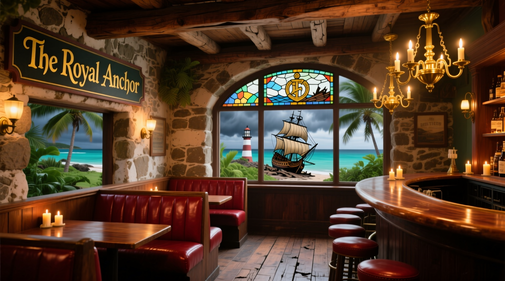 Historic British-style pub interior with wooden beams in Bermuda