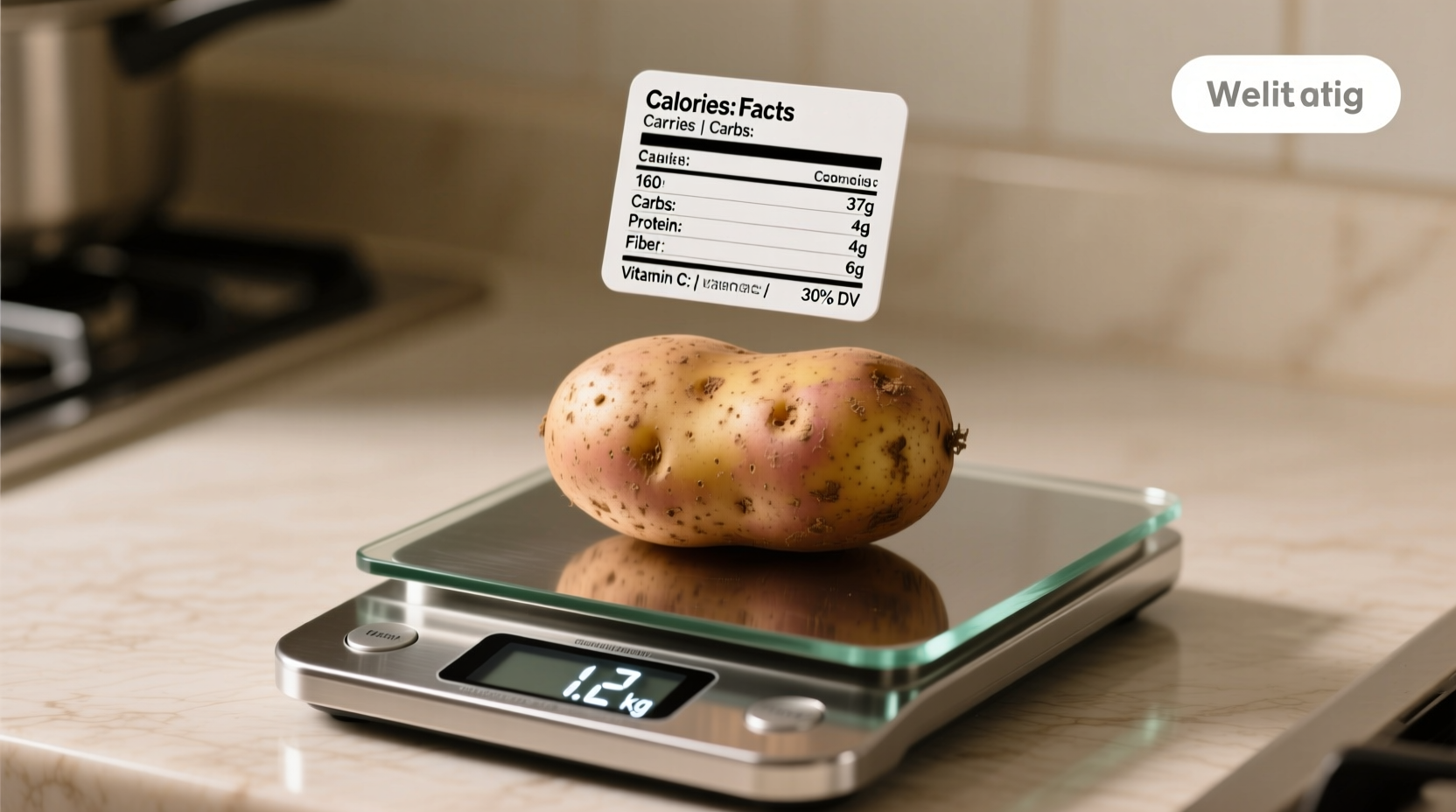 Large russet potato on kitchen scale with nutritional facts