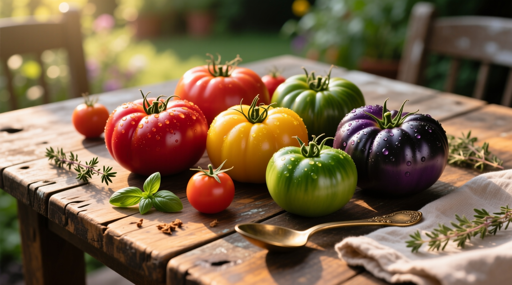 Colorful assortment of heirloom tomatoes on wooden table