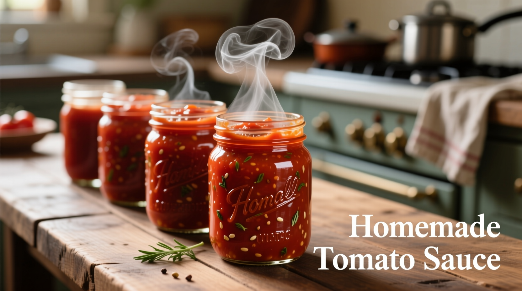 Tomato sauce filling mason jars with steam rising