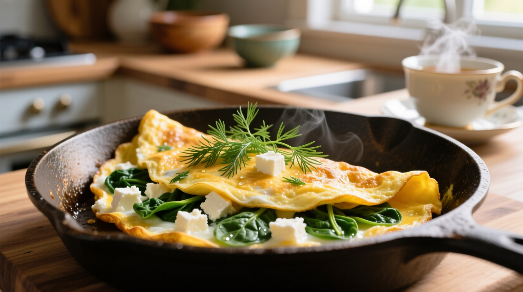 Fluffy spinach feta omelette with fresh dill garnish