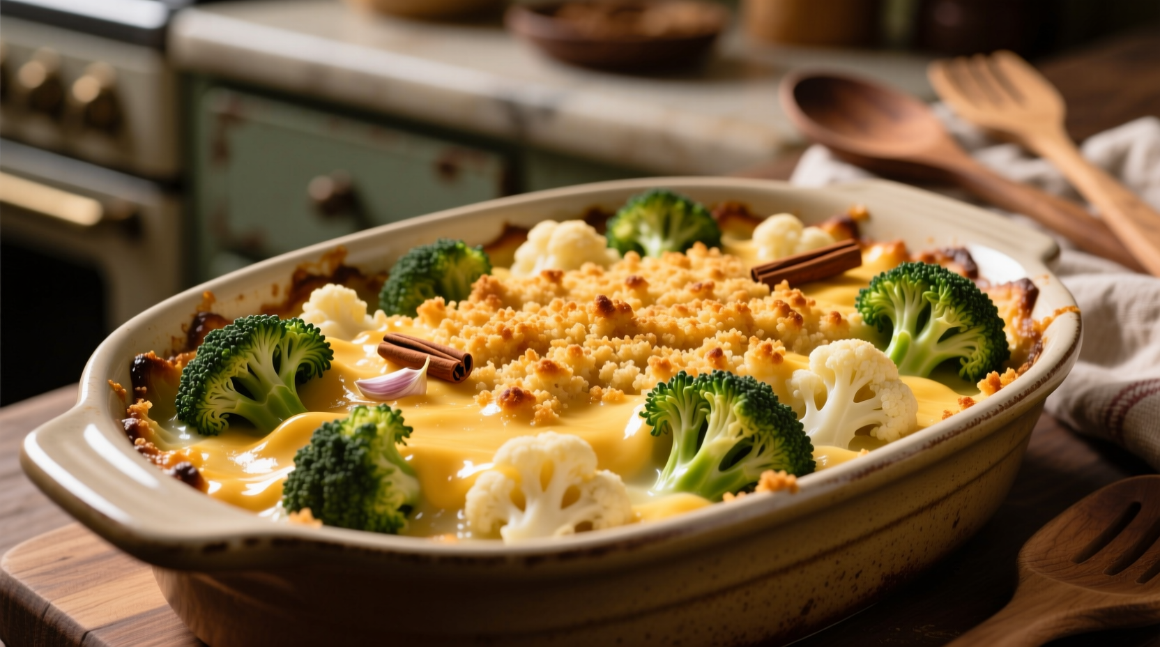 Golden broccoli cauliflower cheese casserole with crispy breadcrumb topping