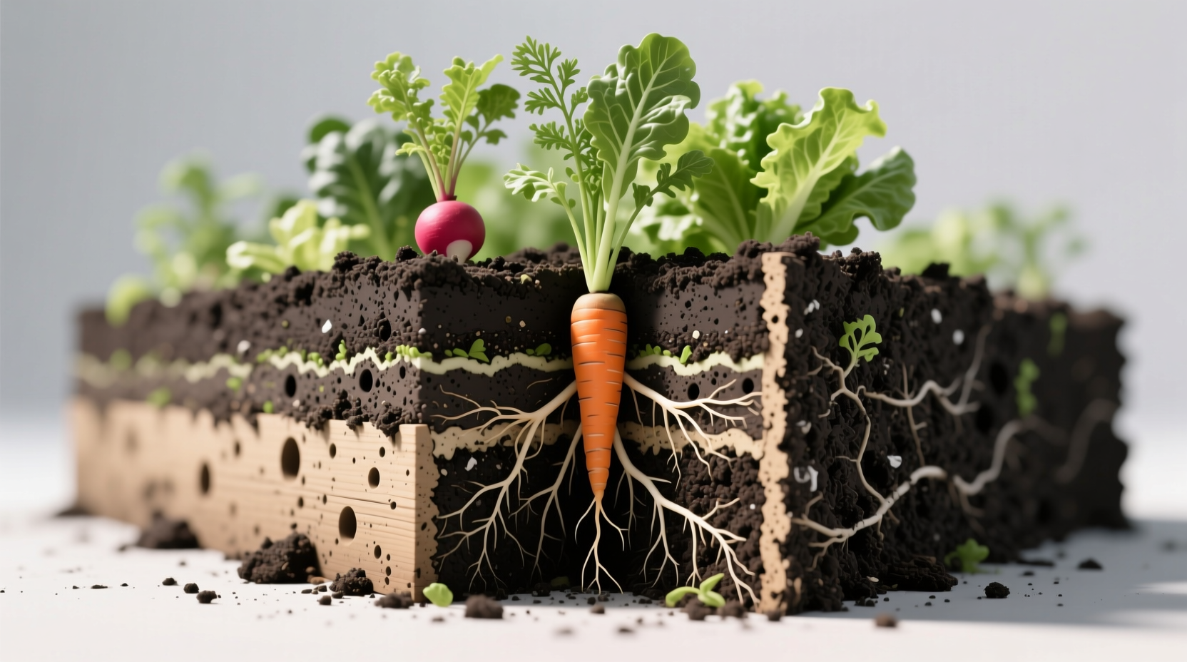 Cross-section diagram comparing compacted garden soil vs. ideal raised bed soil structure showing air pockets and root penetration