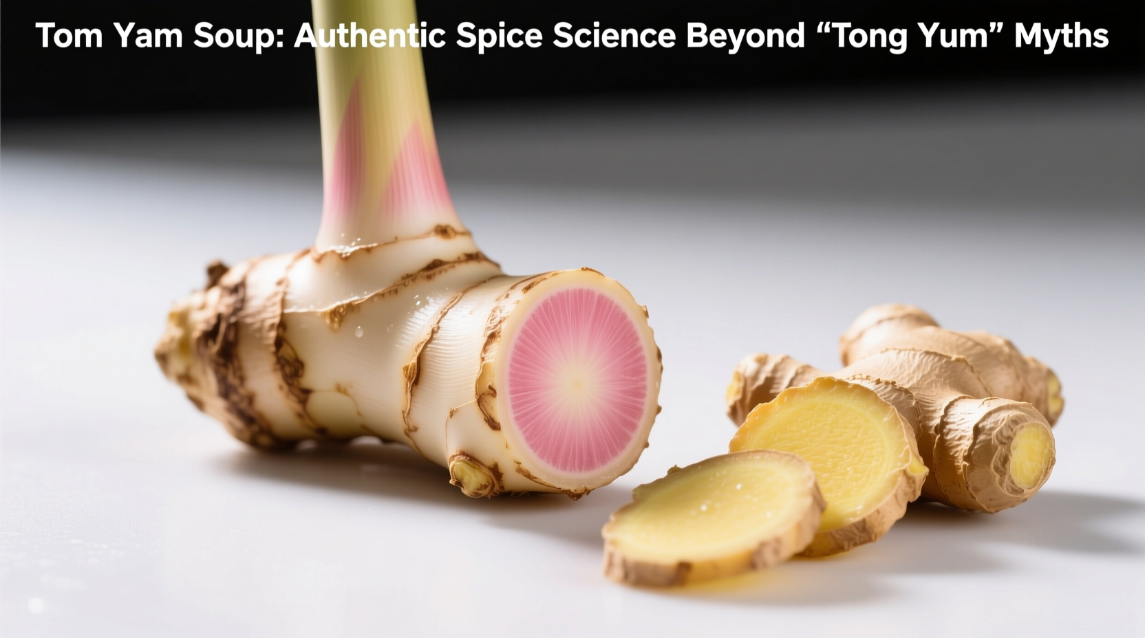 Close-up of fresh galangal root next to sliced ginger showing galangal's paler, smoother texture and pinkish interior