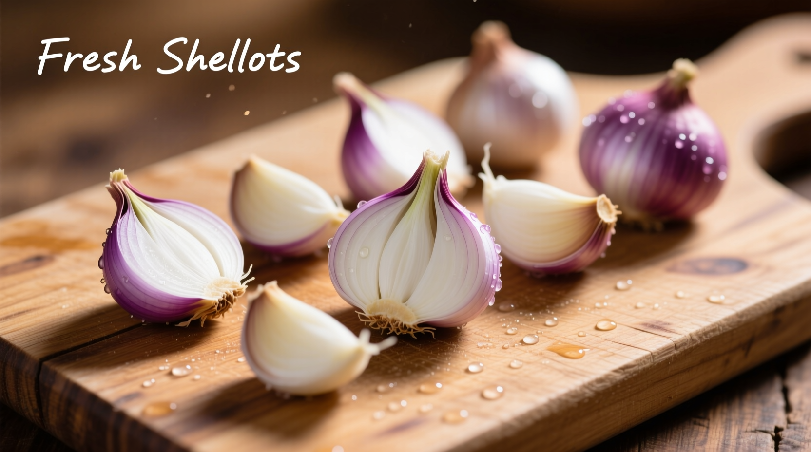 Fresh shallots with peeled cloves on wooden cutting board