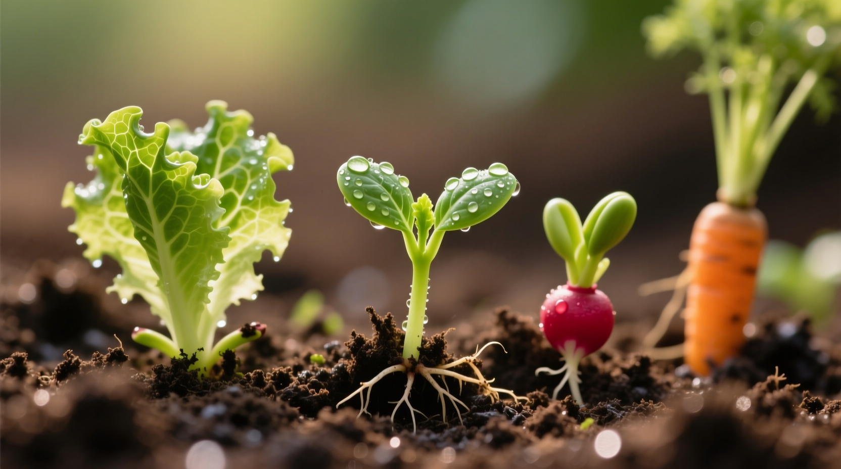 Close-up of vegetable seedlings emerging from soil