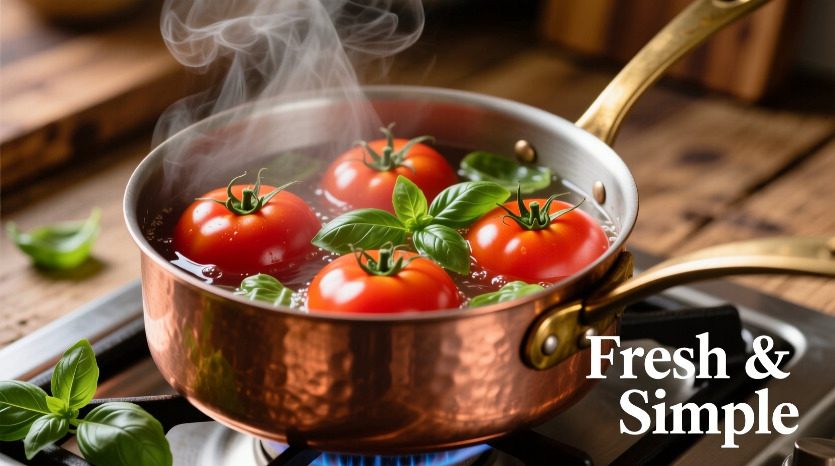 Fresh tomatoes simmering in copper pot with basil