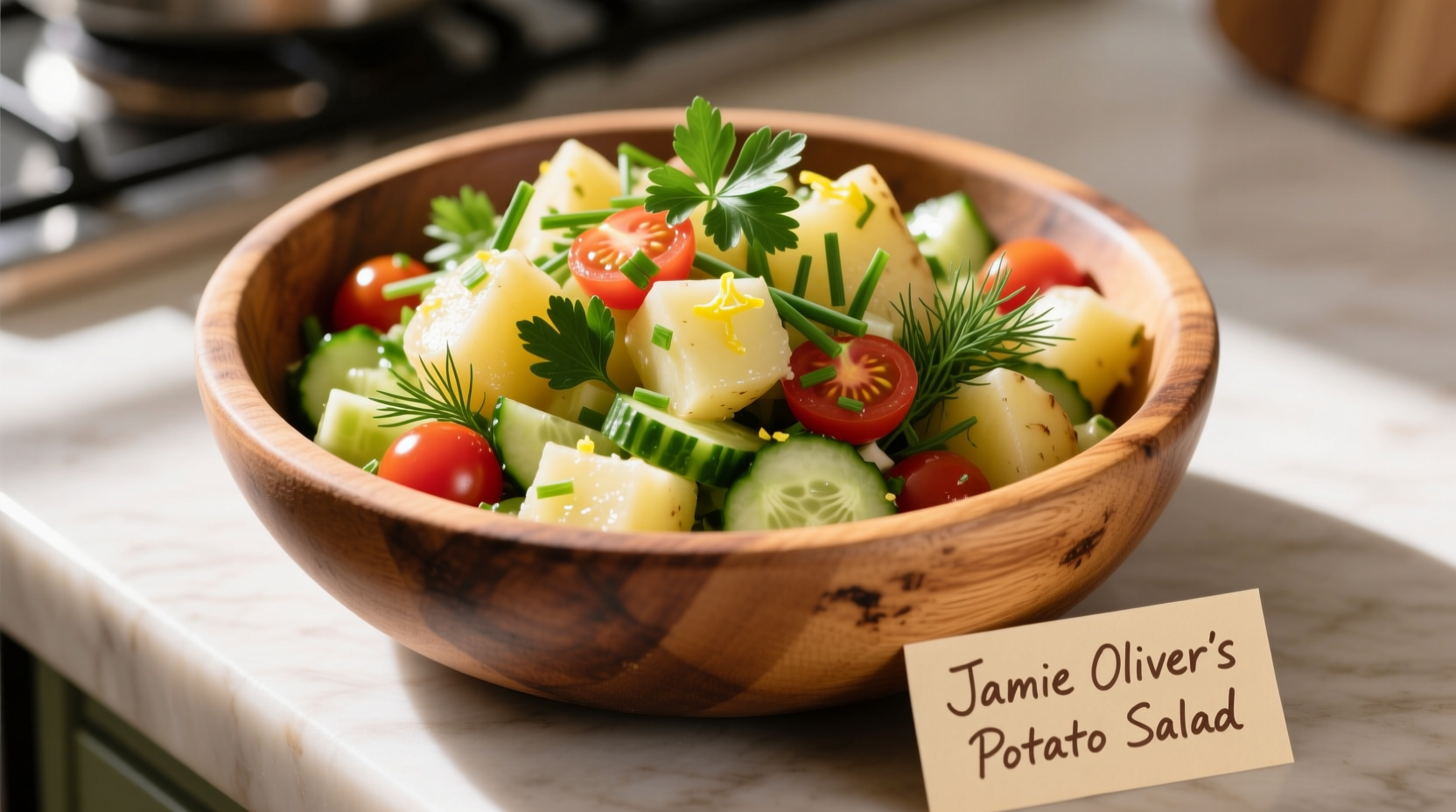 Jamie Oliver potato salad in wooden bowl with fresh herbs