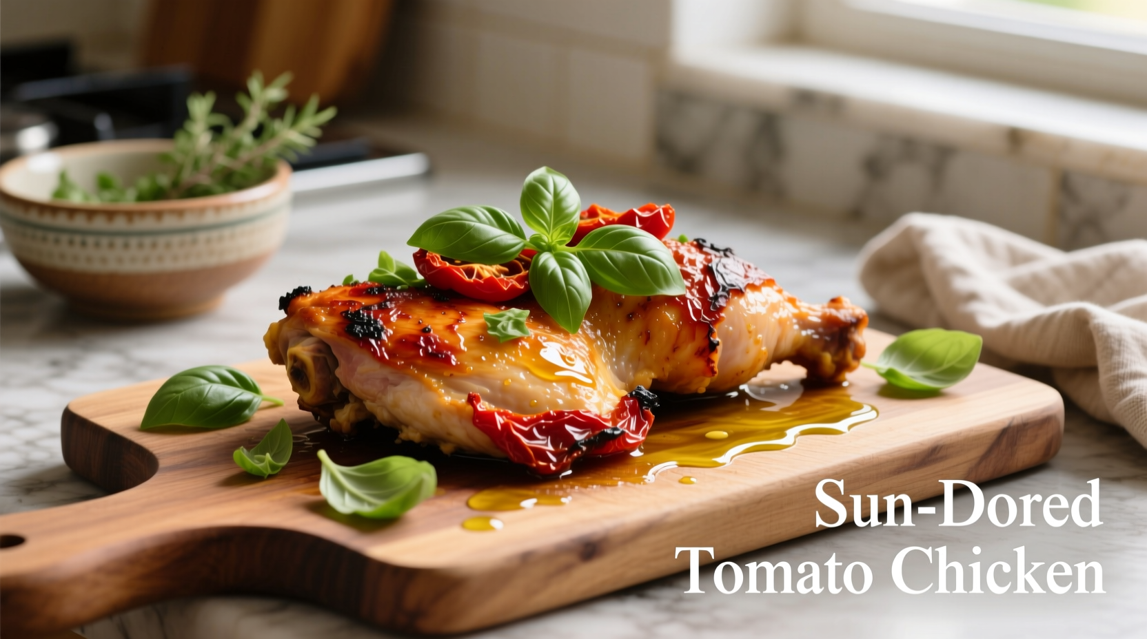 Sun dried tomato chicken with fresh basil garnish