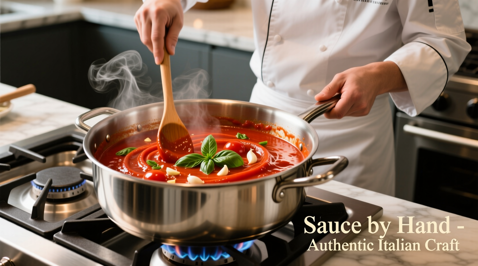 Chef stirring vibrant red tomato sauce in stainless steel pot