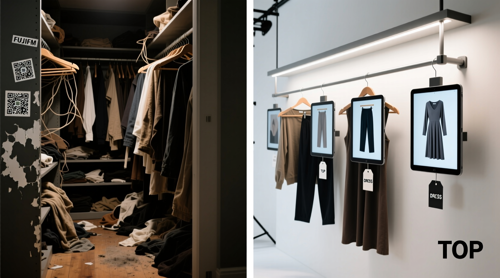Side-by-side comparison: left shows a cluttered closet with peeling QR stickers on hangers; right shows a streamlined hanging rail with uniformly lit garment photos on a tablet screen and a labeled tag visible on each item