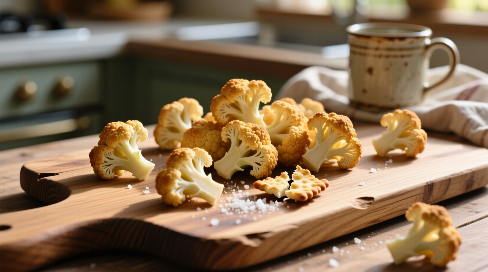 Cauliflower crackers arranged on wooden board