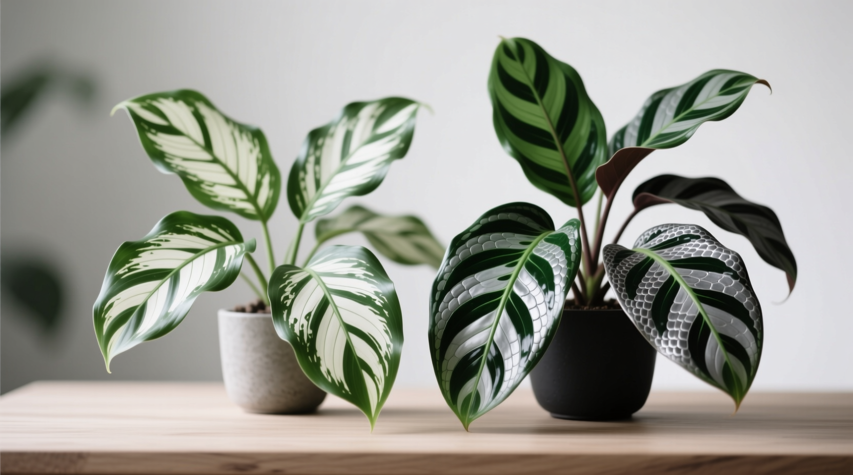 Side-by-side comparison showing Maranta leuconeura 'Kerchoveana' with feather-like patterns versus Calathea lancifolia's snake-skin markings
