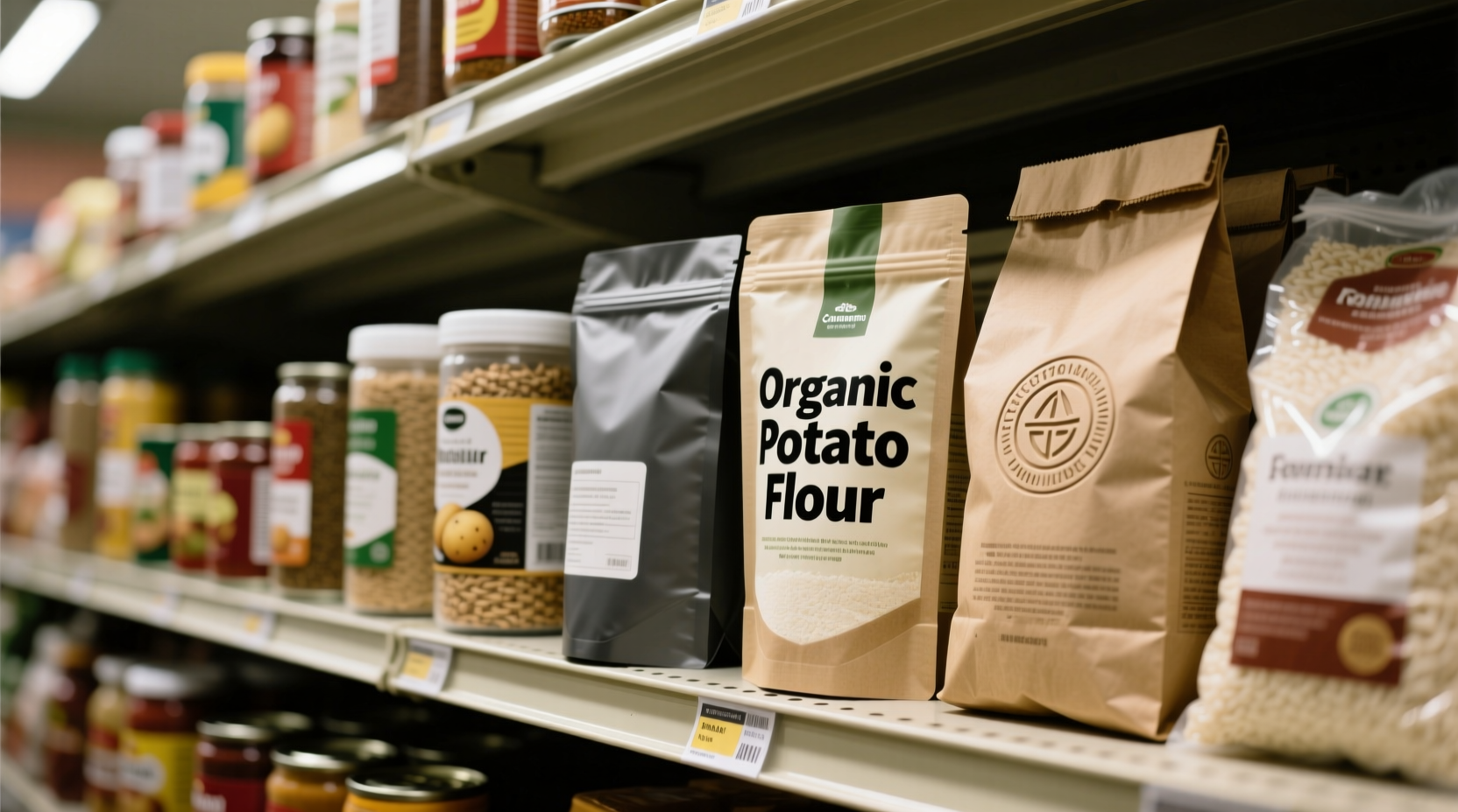 Potato flour containers on grocery store shelf