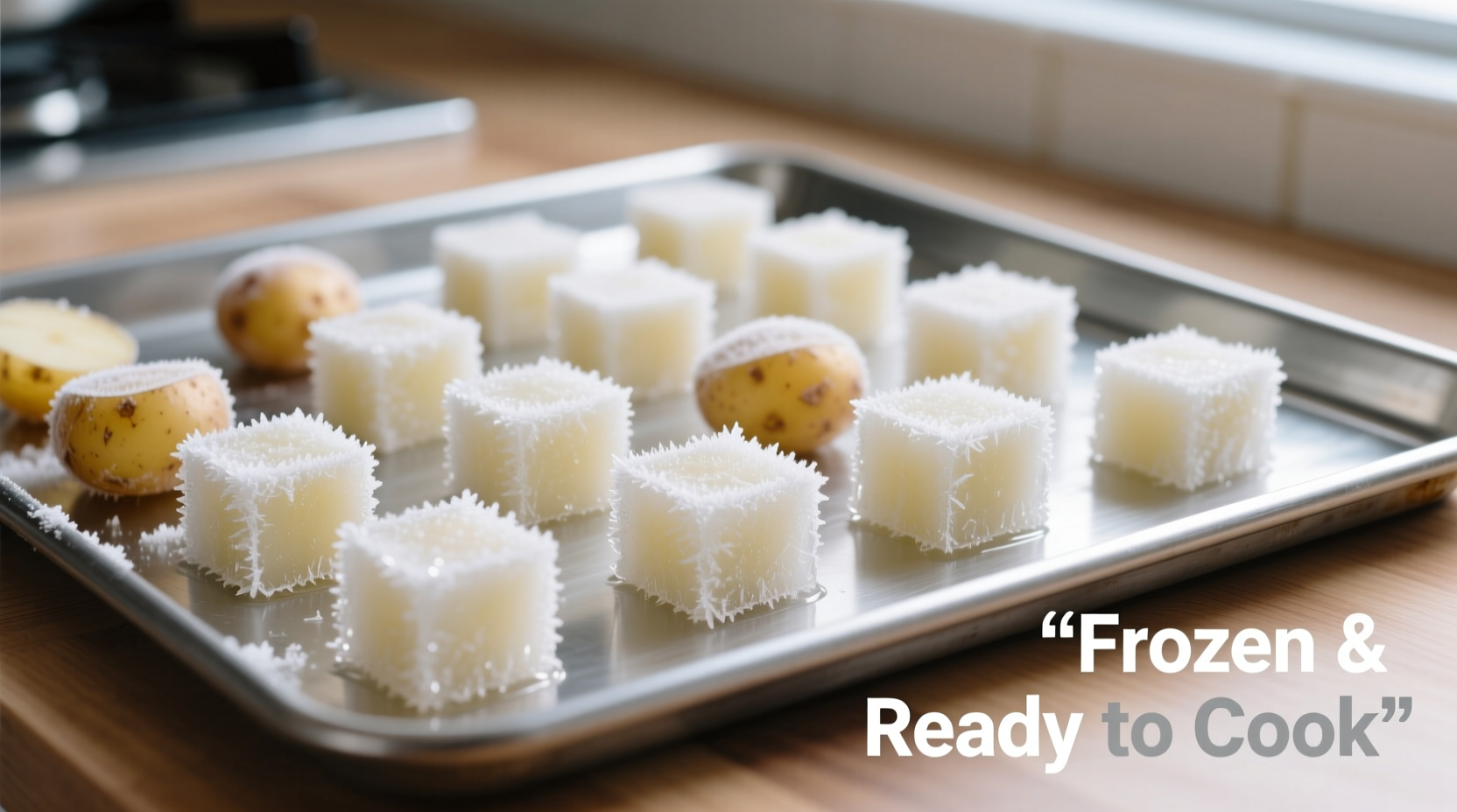 Properly frozen potato cubes on baking sheet