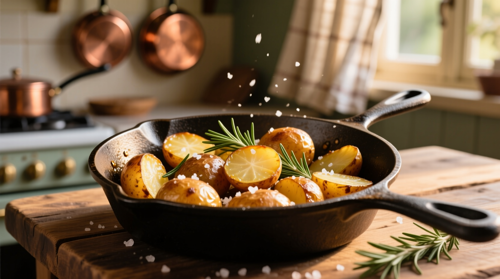 Golden brown pan-fried potatoes in cast iron skillet