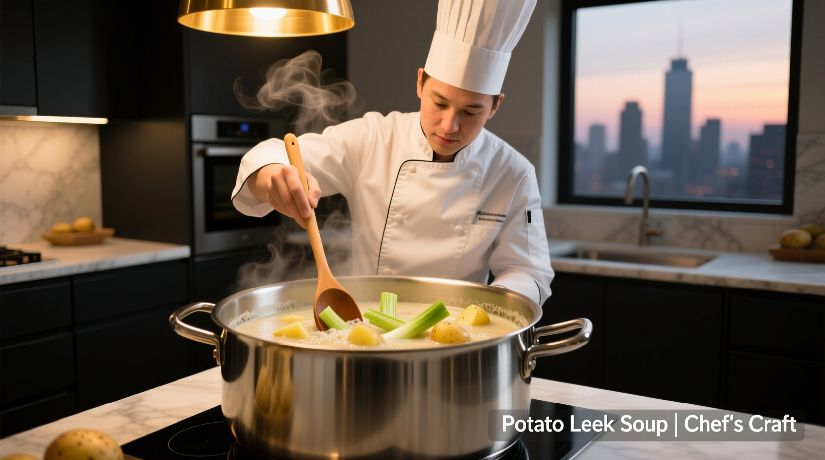 Chef preparing potato leek soup in stainless steel pot