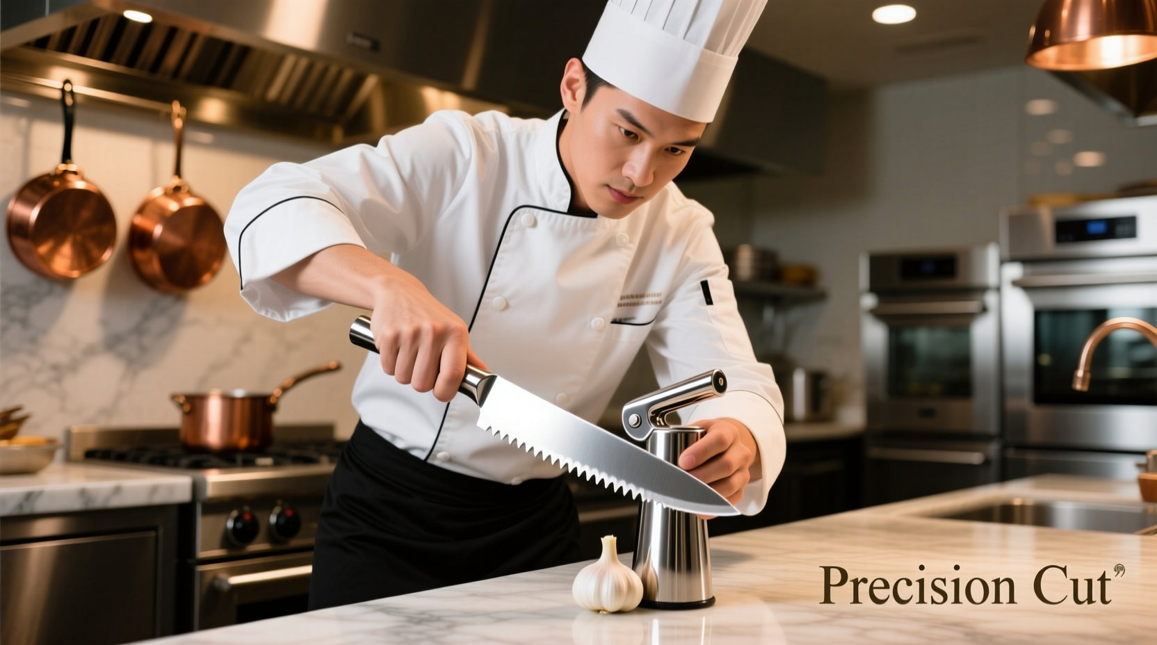 Professional chef using stainless steel garlic cutter