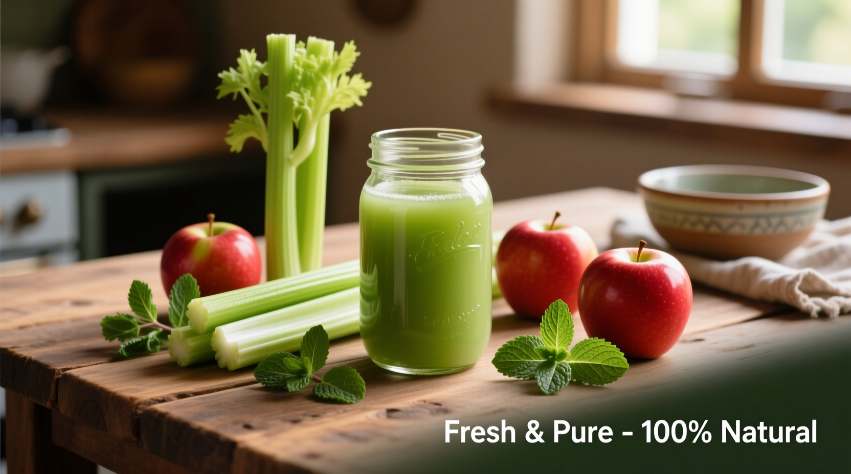 Fresh apple celery juice in glass with ingredients
