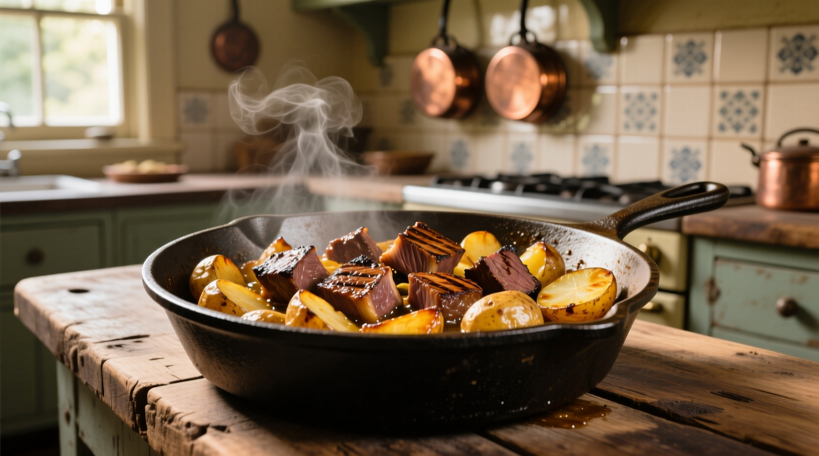 Cast iron skillet with golden brown beef and potatoes