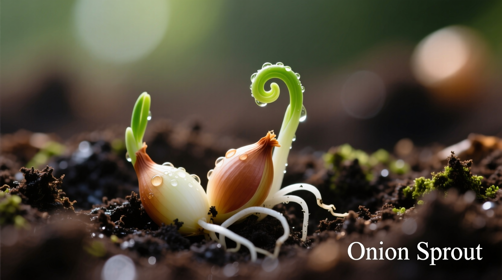 Close-up of onion seeds in soil with sprouting seedlings