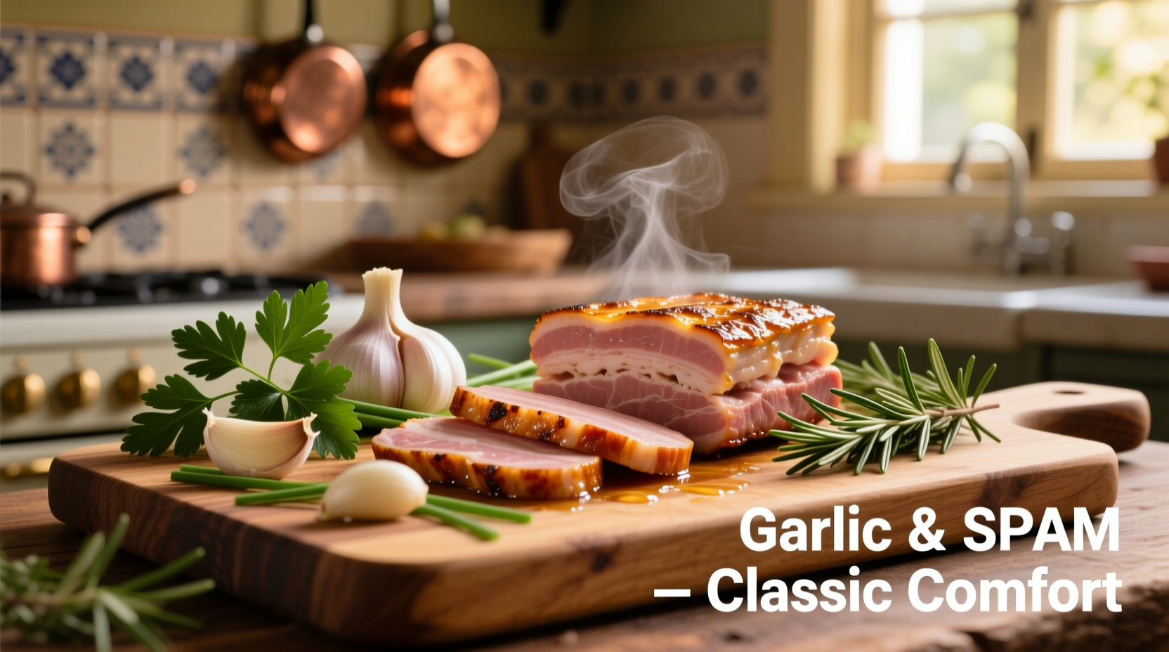 Sliced garlic SPAM on cutting board with fresh herbs