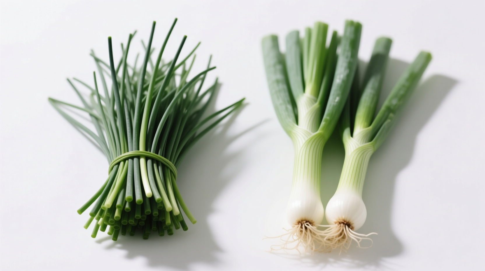 Side-by-side comparison of chives and green onions on white background