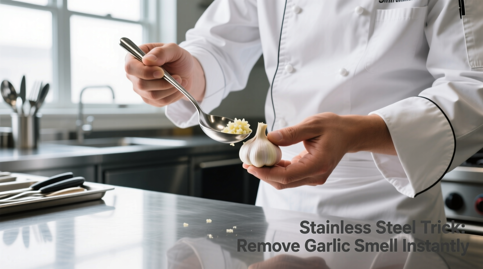 Chef demonstrating stainless steel method for garlic odor removal