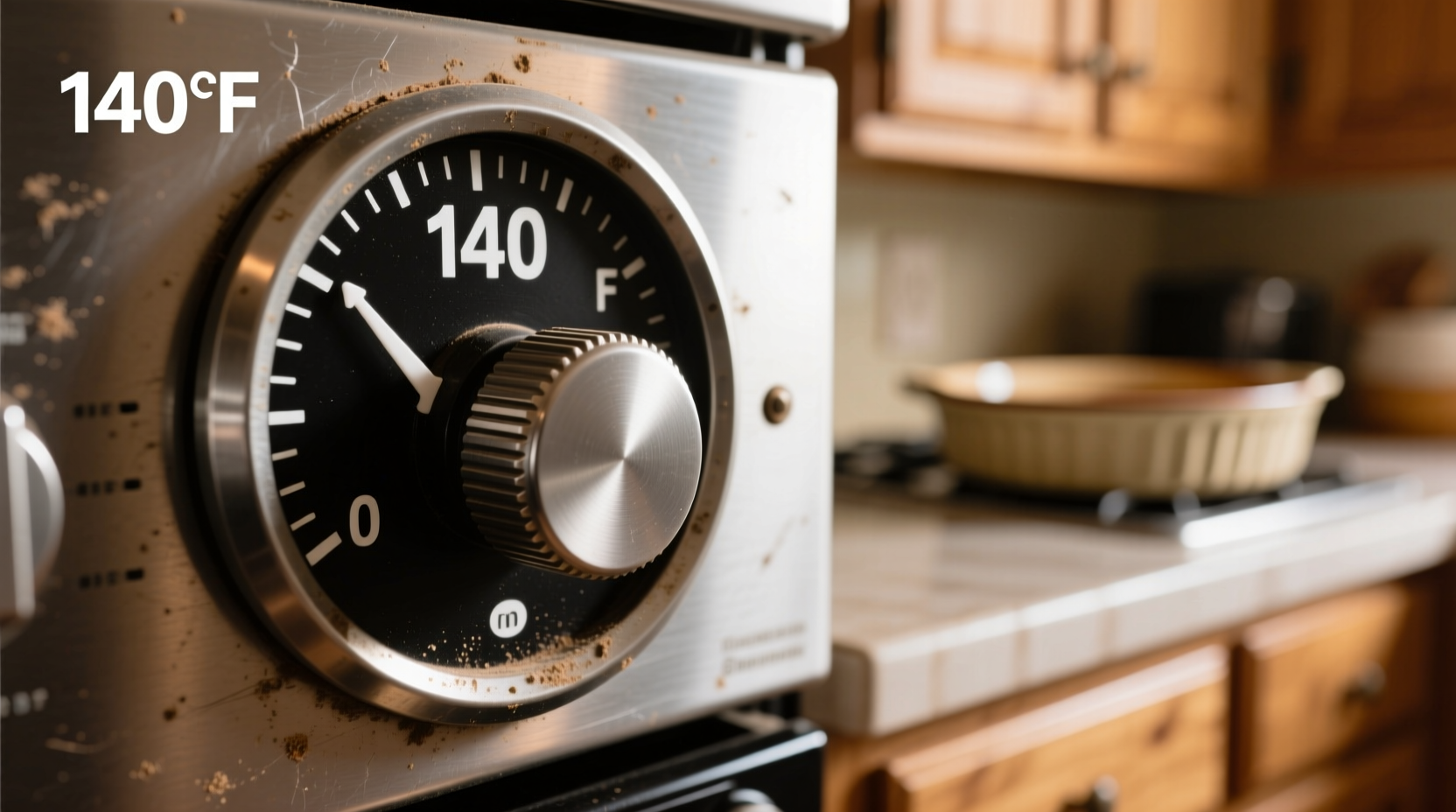 Oven temperature dial set to 140 degrees for food warming