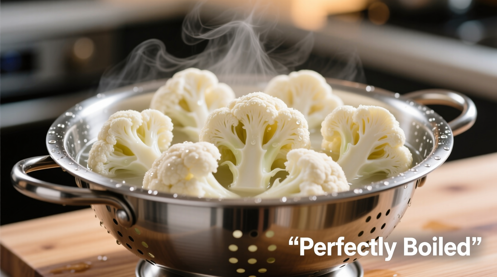 Perfectly boiled cauliflower florets in a colander