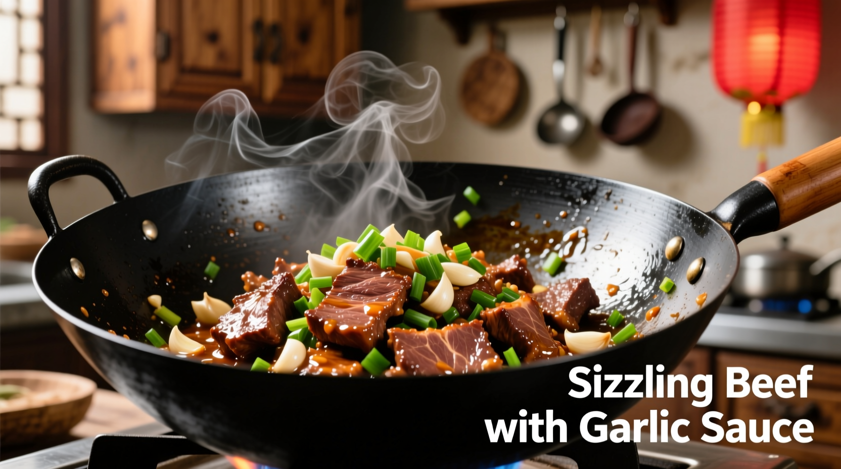 Sizzling beef with garlic sauce in traditional wok