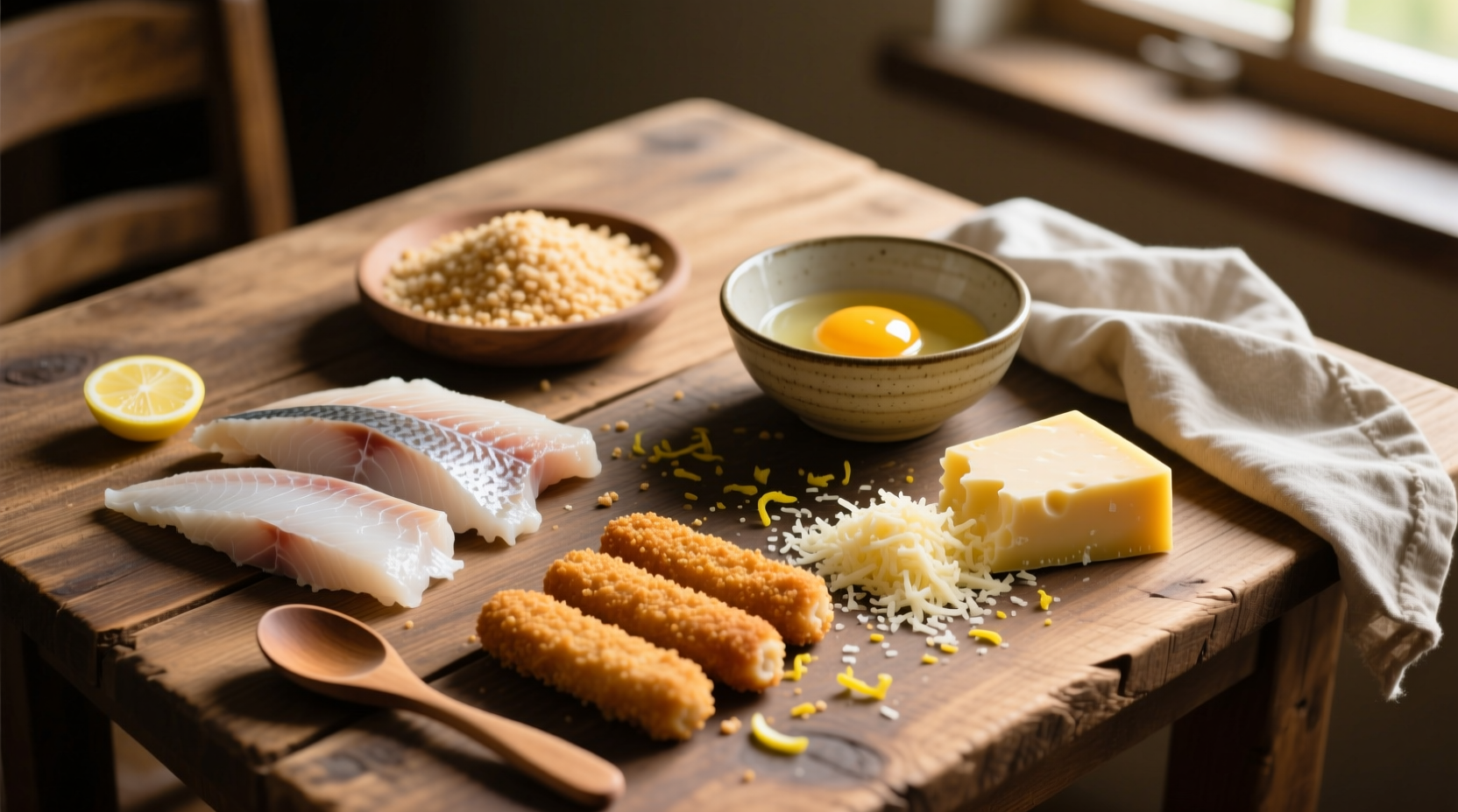 Homemade fish stick ingredients arranged on wooden table