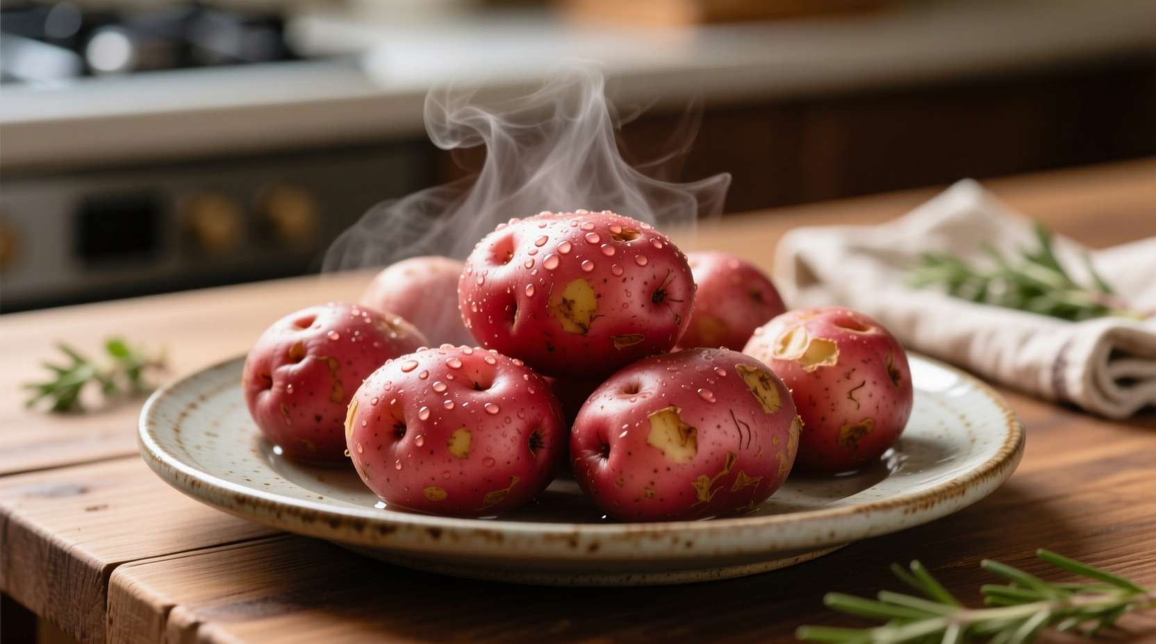 Boiled red potatoes cooling on a plate