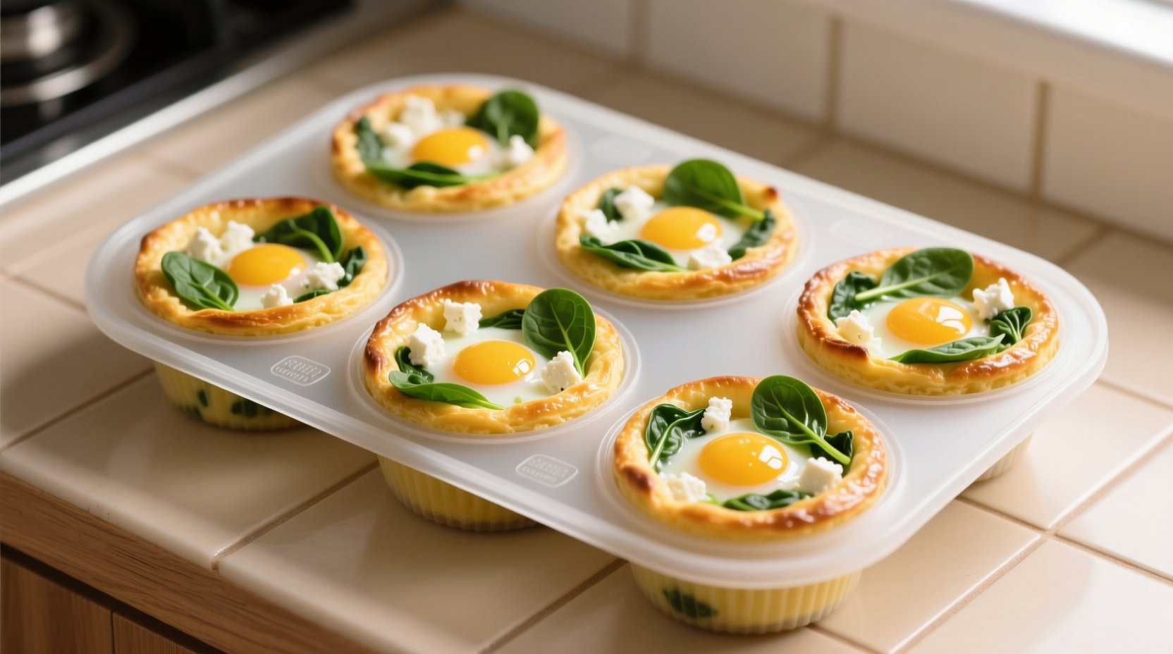 Perfect golden spinach feta egg bites in silicone mold