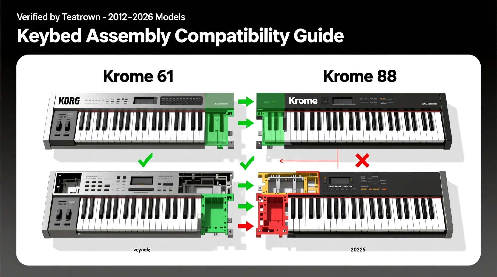 Korg Krome Spares Compatibility Guide: Which Keybed Assemblies Fit Krome 61 vs Krome 88 (2012–2026 Models) — Verified by Teardown