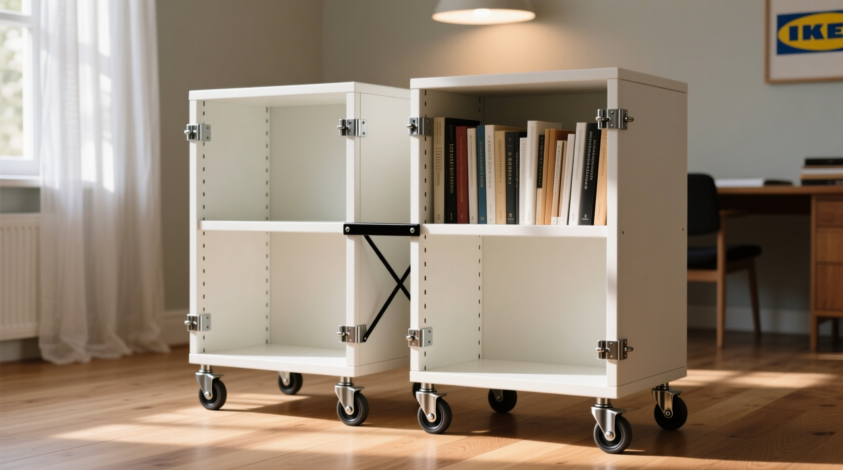 make a compact rolling library with two pieces of ikea