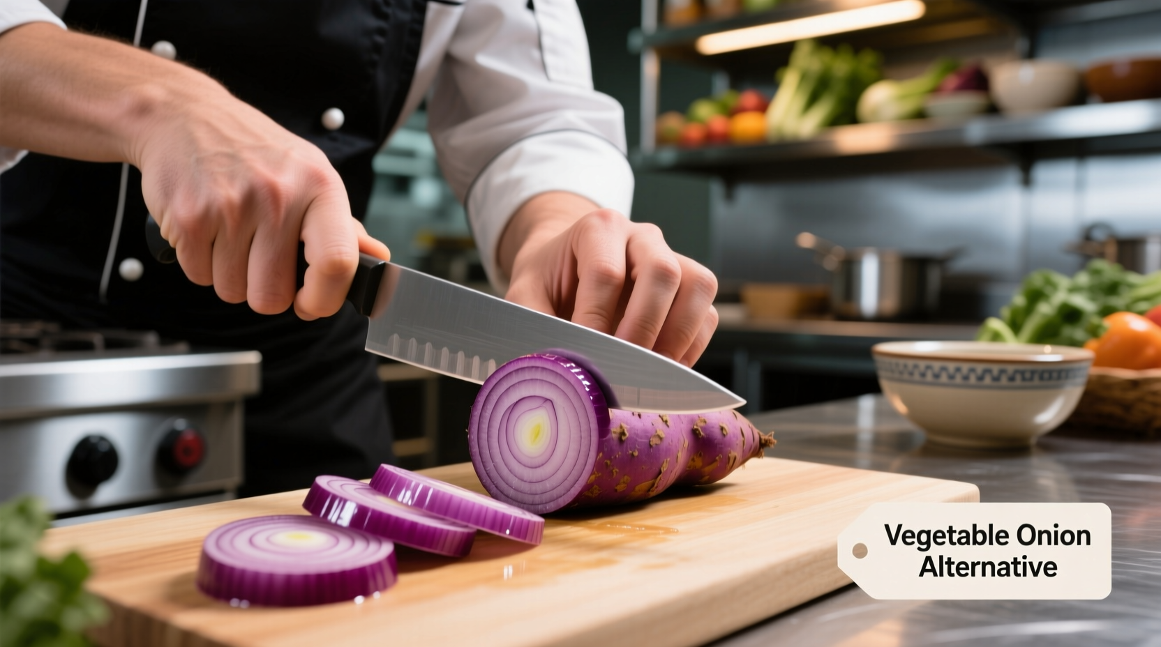 Chef preparing vegetable substitutes for onion