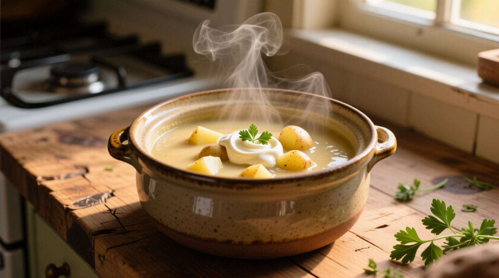 Creamy potato soup with cream cheese in crock pot