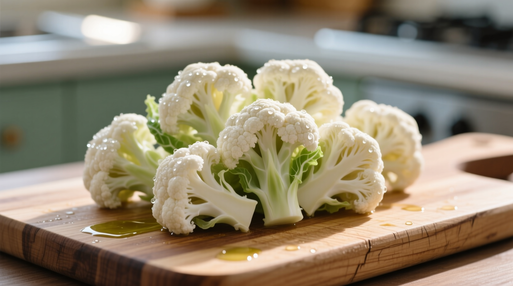 Raw cauliflower florets on cutting board