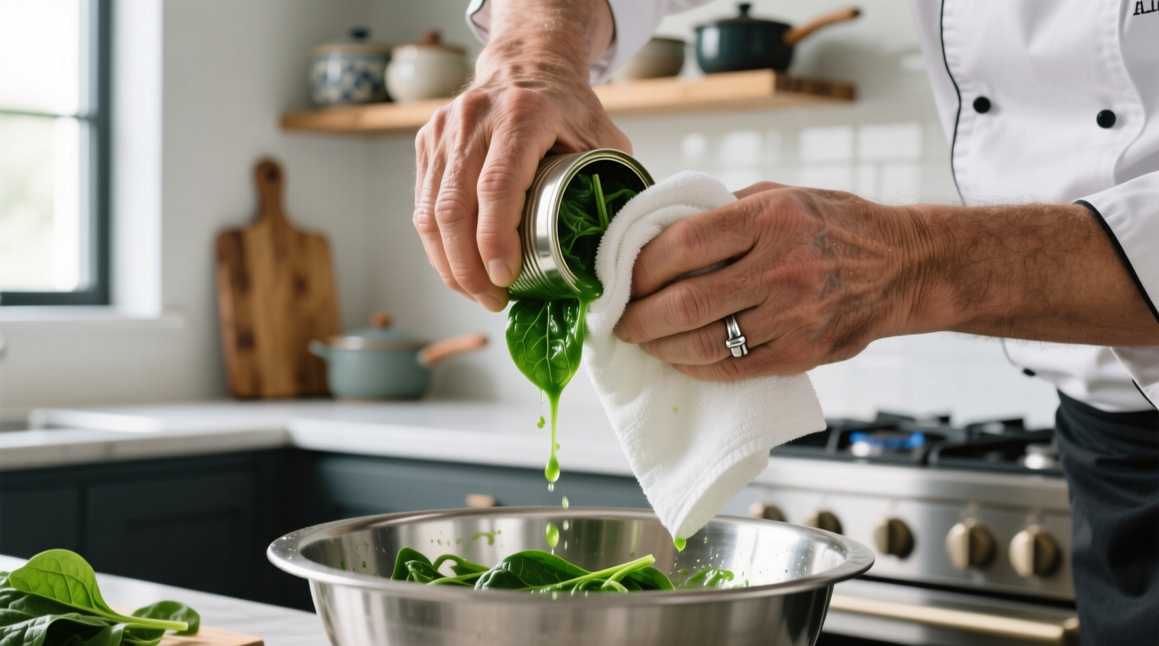 Chef squeezing liquid from canned spinach in kitchen towel