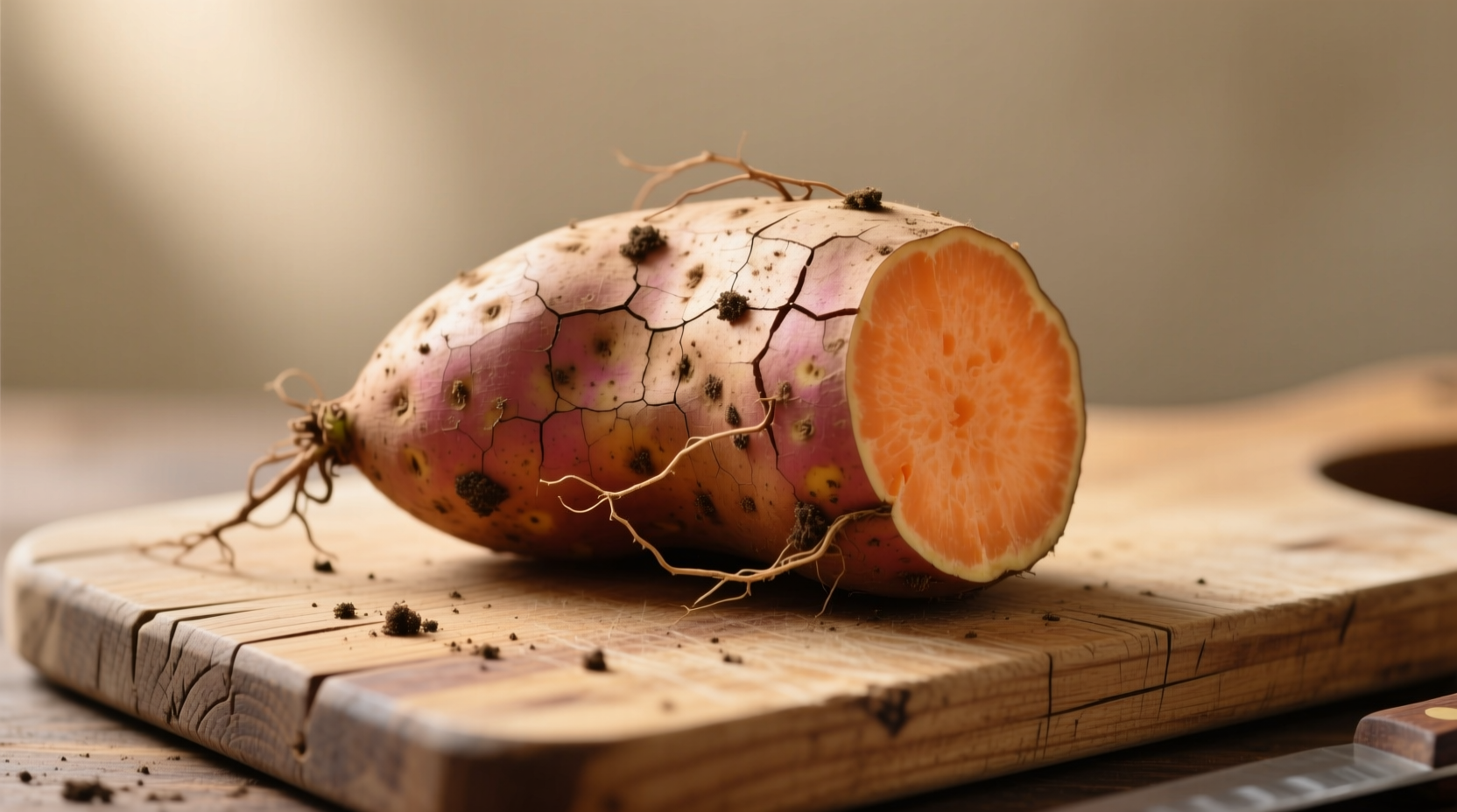 Whole sweet potato on wooden cutting board