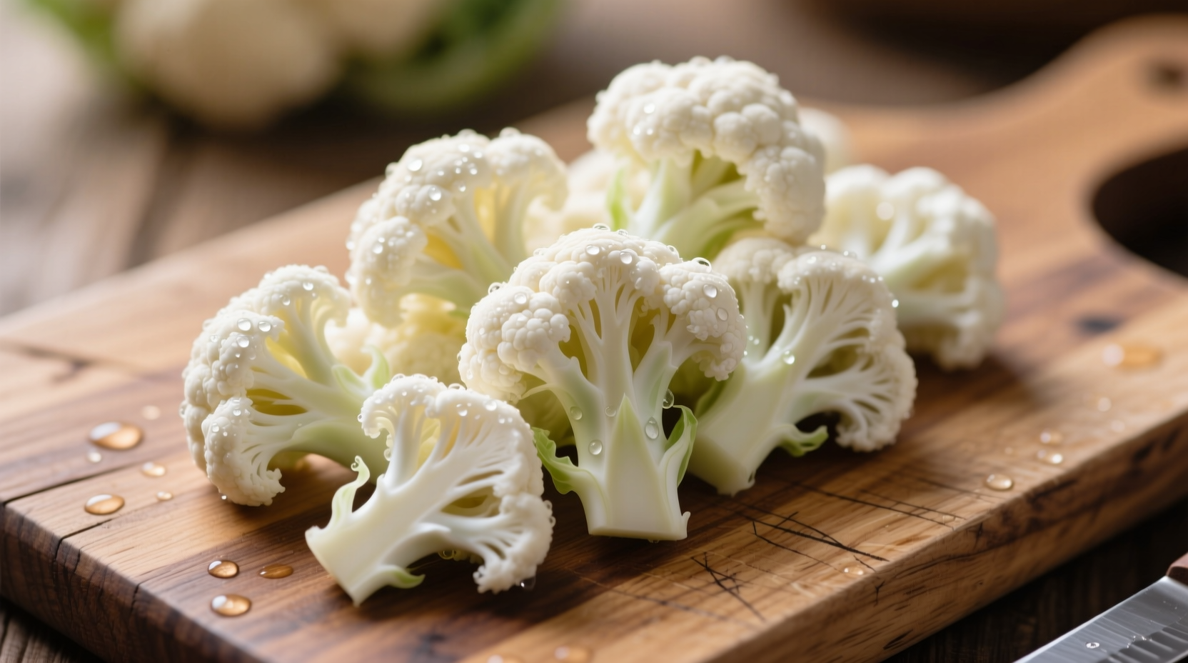 Fresh raw cauliflower florets on wooden cutting board